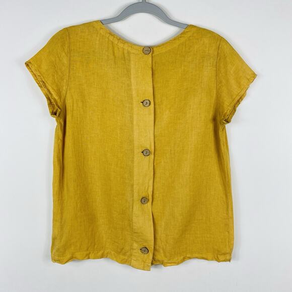 C&C California Size XS 100% Linen Short Sleeve Button Back Top Yellow - Picture 2 of 4